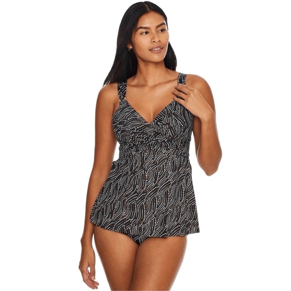 Miraclesuit Plunge Tankini‎ Underwire Black Bronze Multi Dot Print Slimming 36DD